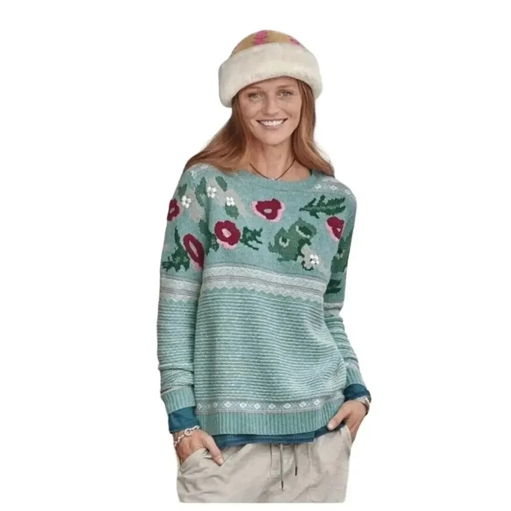 Sundance Bold Botanic Floral Knit Embroidered Wool Sweater Jumper Aqua Size L - Picture 9 of 9